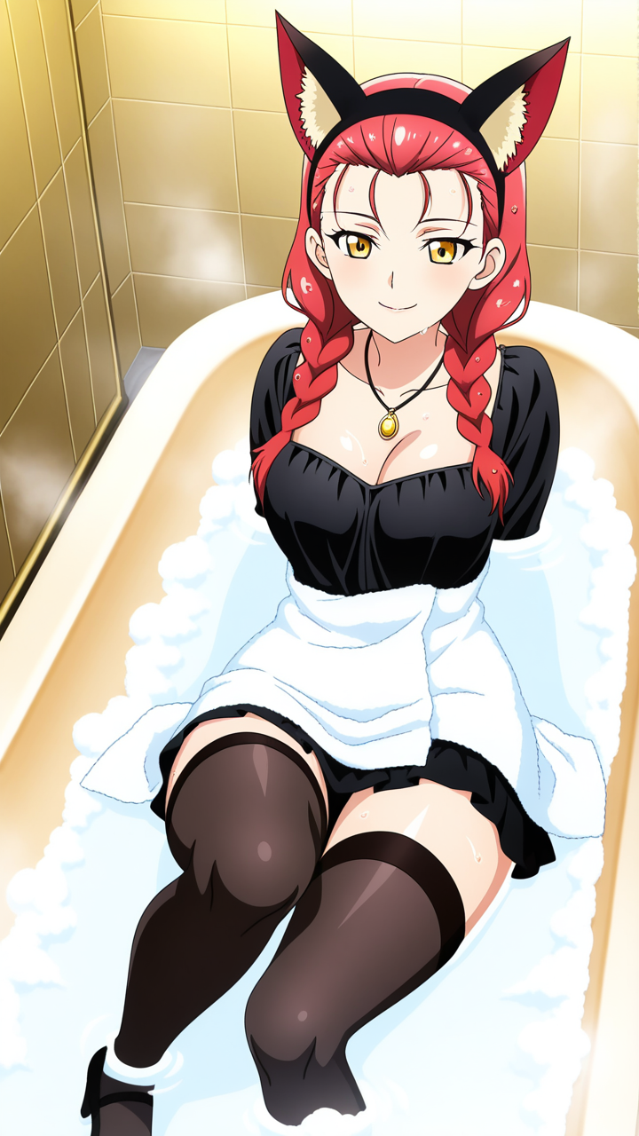 赤髪ツインおさげ巨乳 お風呂・入浴_アニメエロ画像 AI エロ画像