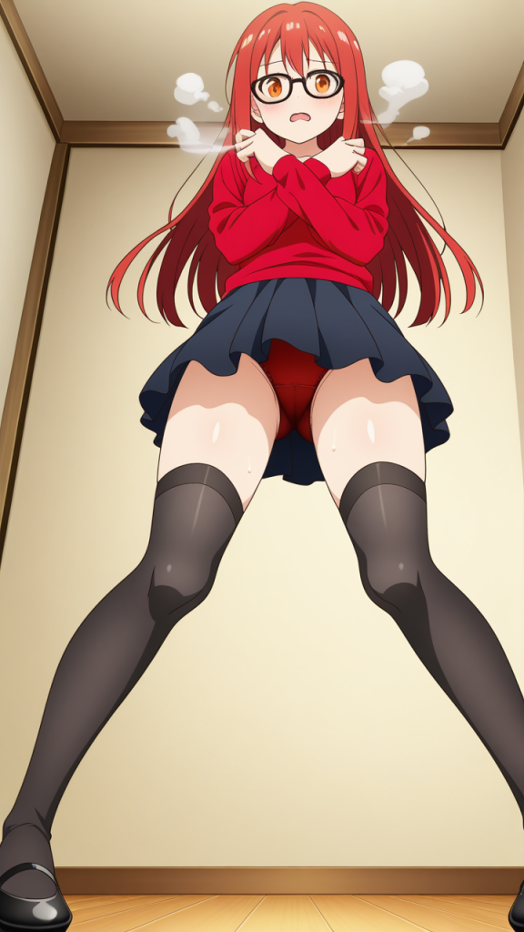 赤髪ロング丸顔眼鏡 美少女エロ_アニメエロ画像 AI エロ画像