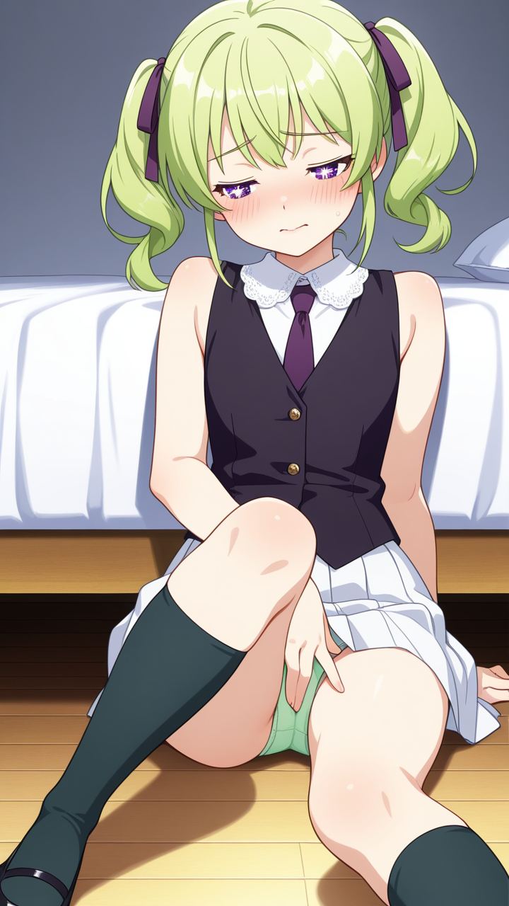 ライム色ロールツインテール貧乳 オナニー・自慰_アニメエロ画像 AI エロ画像