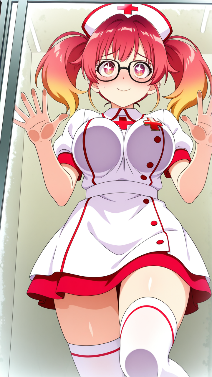 ピンクグラデーションツインテー ガラスおっぱい押し付け_アニメエロ画像 AI エロ画像