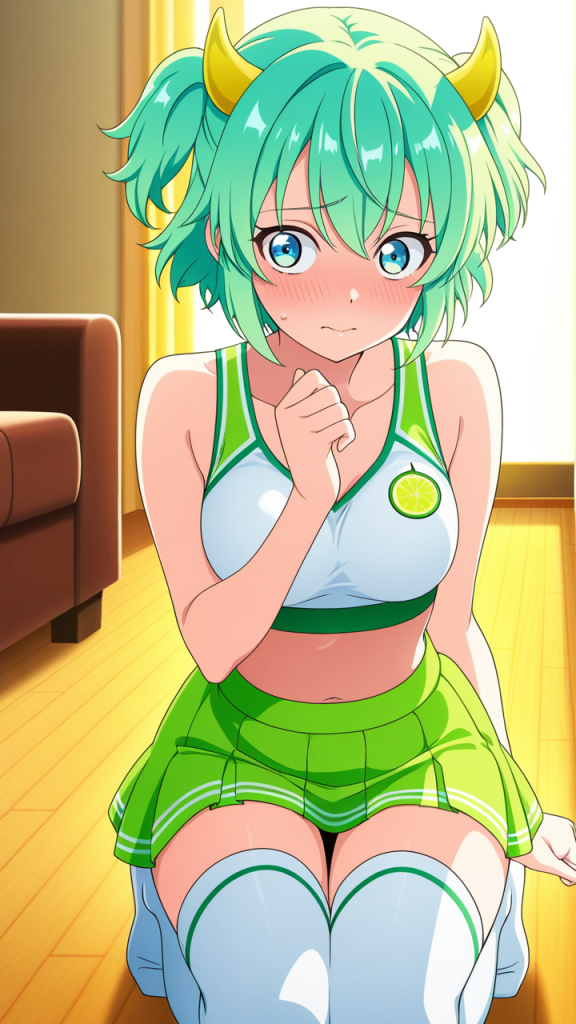 ライム色くせ毛ショート巨乳 ニーソ・絶対領域_アニメエロ画像 AI エロ画像