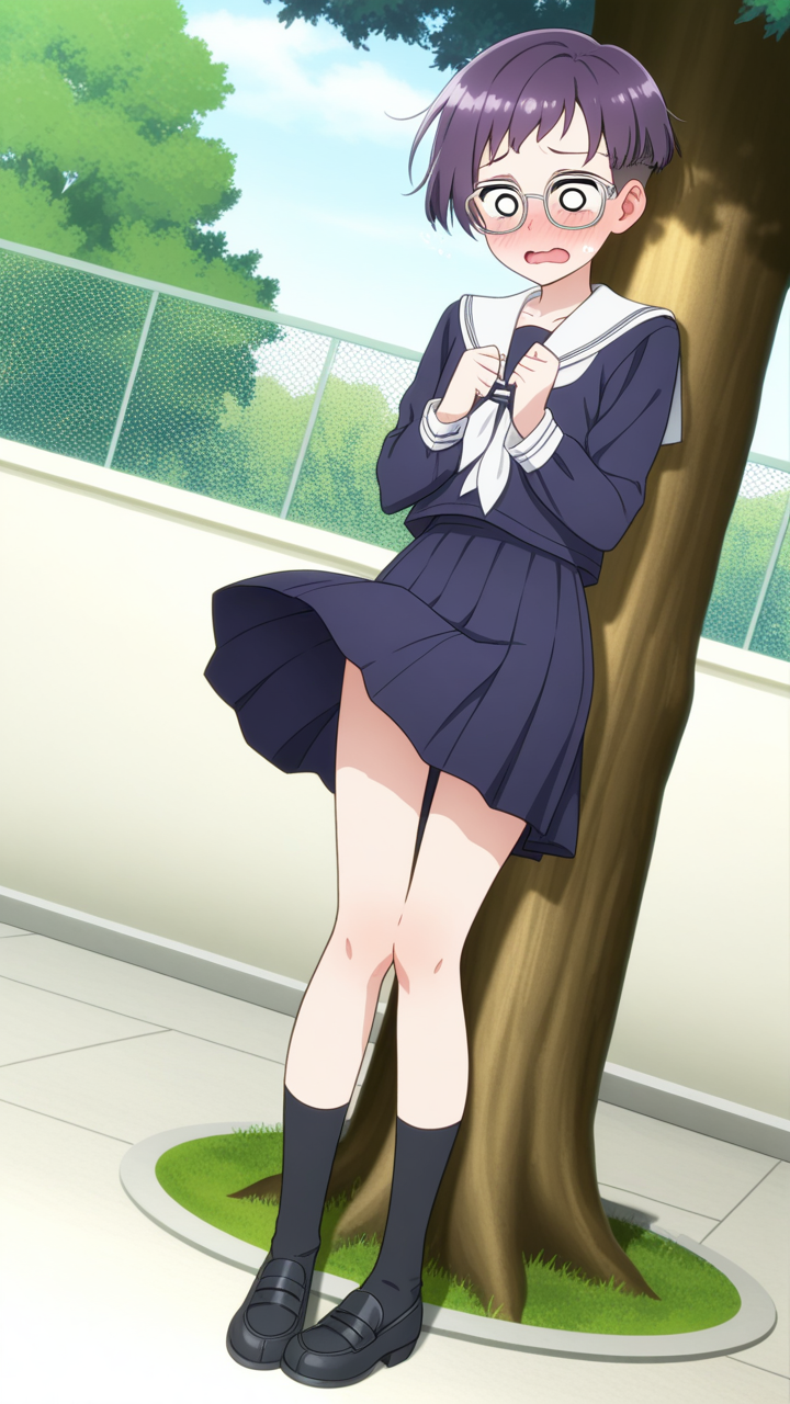 紫髪刈り上げショート細身 野外露出_アニメエロ画像 AI エロ画像