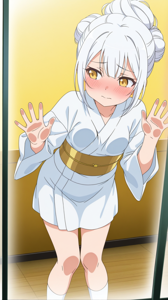 白髪お団子ロリ体型 ガラスおっぱい押し付け_アニメエロ画像 AI エロ画像