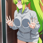 【エロ画像】ライム色ポニーテール細身×ガラスおっぱい押し付け_AI_アニメエロ画像