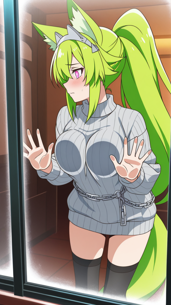 ライム色ポニーテール細身 ガラスおっぱい押し付け_アニメエロ画像 AI エロ画像