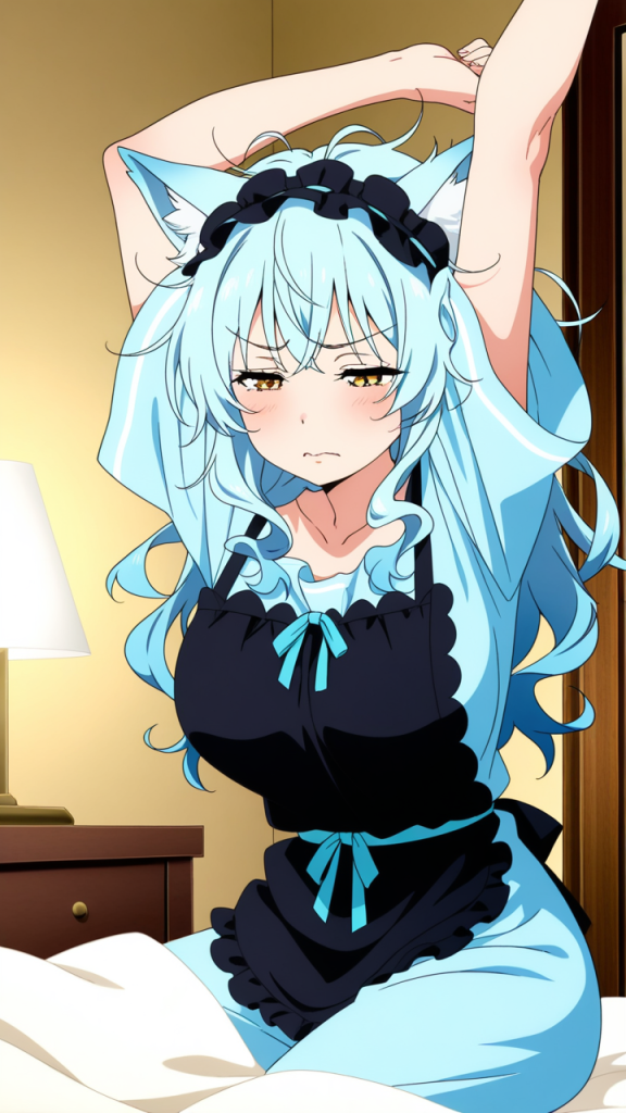水色セミロング巨乳メイド 寝起き・パジャマ_アニメエロ画像 AI エロ画像