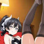 【エロ画像】黒髪ポニーテール長身スレンダー×足コキ_AI_アニメエロ画像