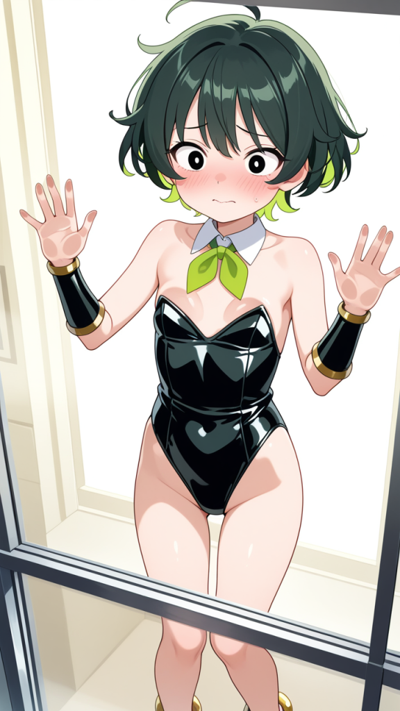 深緑ショートロリ体型 ガラスおっぱい押し付け_アニメエロ画像 AI エロ画像