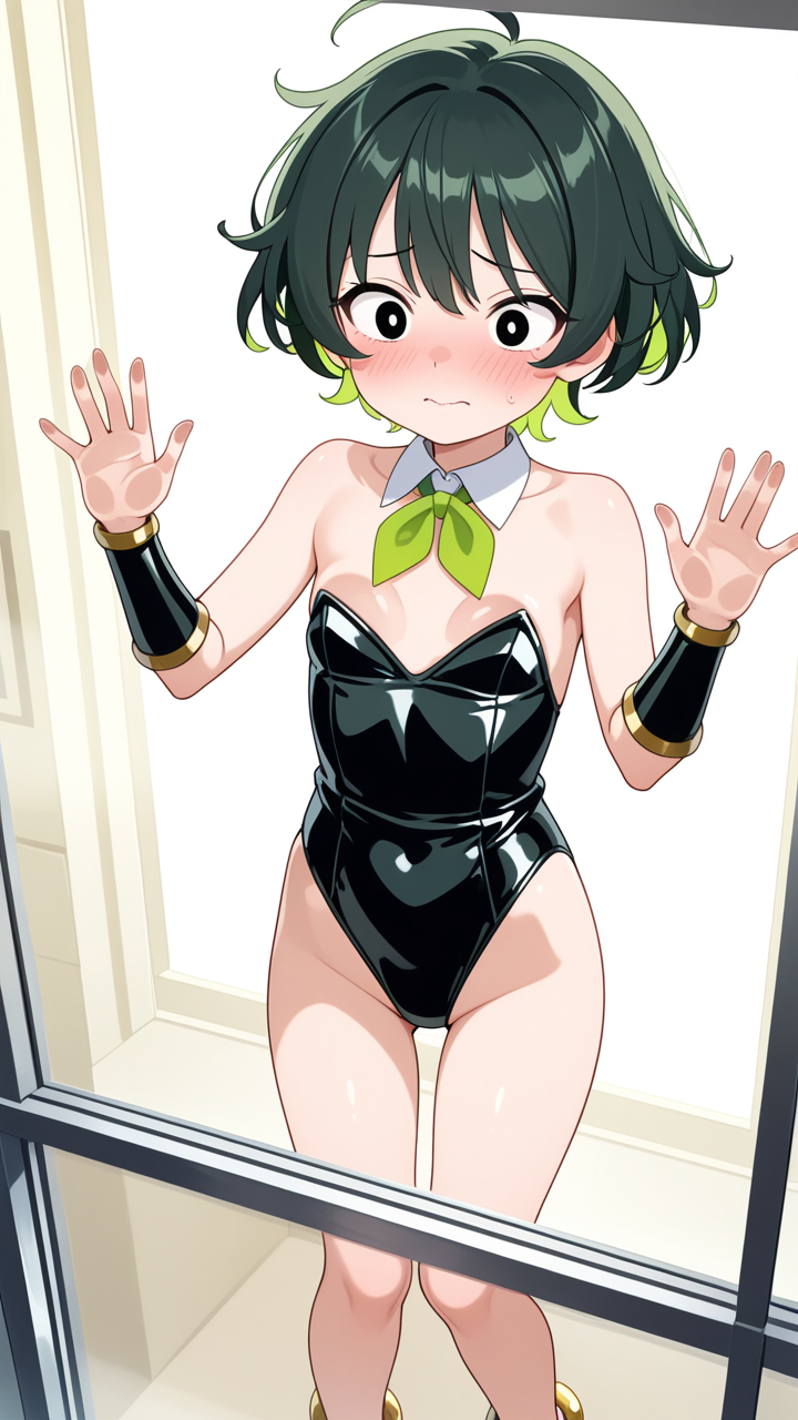 深緑ショートロリ体型 ガラスおっぱい押し付け_アニメエロ画像 AI エロ画像