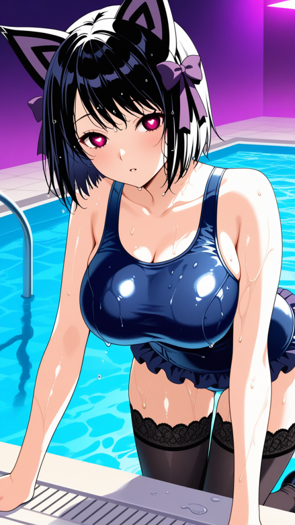 黒青グラデショート巨乳 スクール水着_アニメエロ画像 AI エロ画像