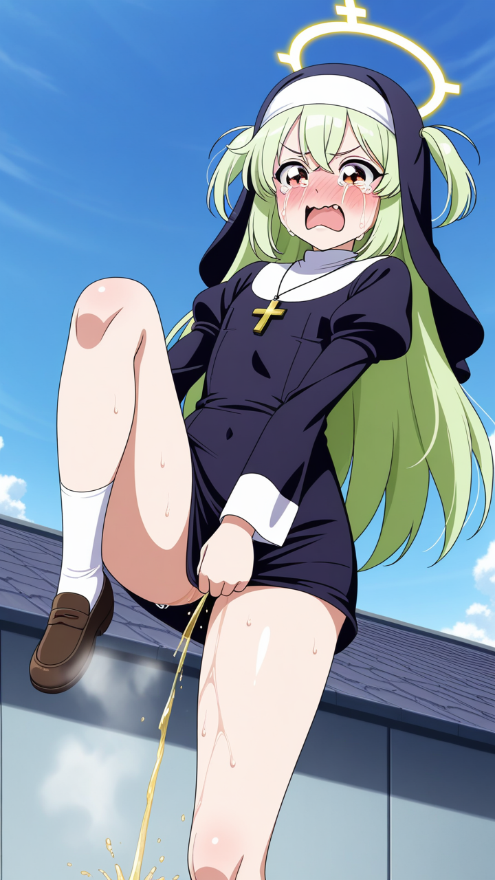 緑髪ロング貧乳長身 おしっこ・放尿_アニメエロ画像 AI エロ画像