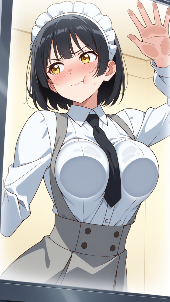 黒髪三つ編み筋肉質 ガラスおっぱい押し付け_アニメエロ画像 AI エロ画像