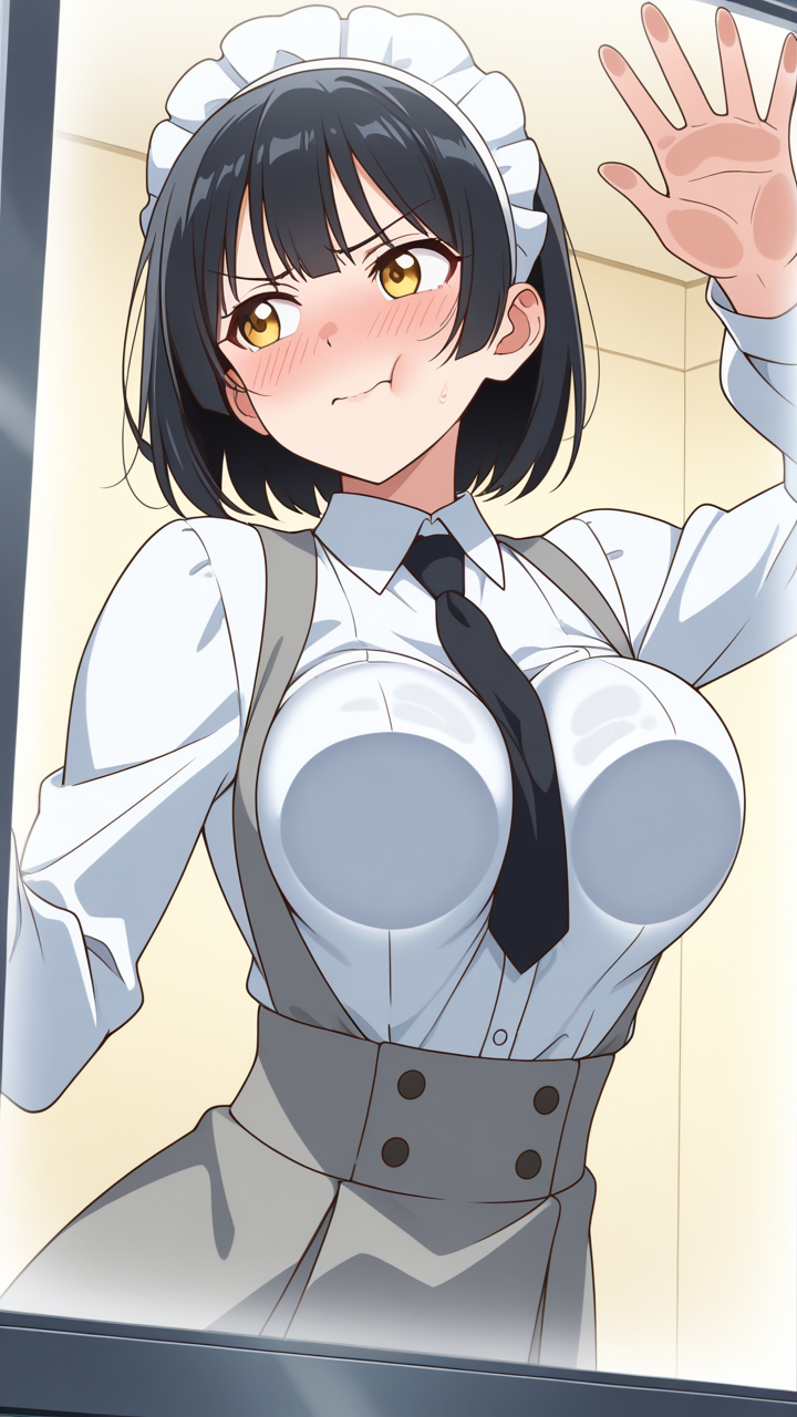 黒髪三つ編み筋肉質 ガラスおっぱい押し付け_アニメエロ画像 AI エロ画像