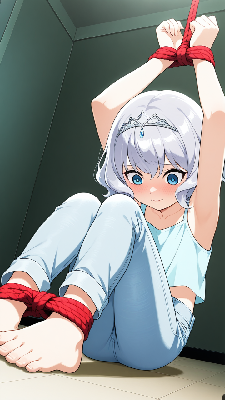 銀髪くせ毛ショート貧乳小柄 手縛り・拘束_アニメエロ画像 AI エロ画像