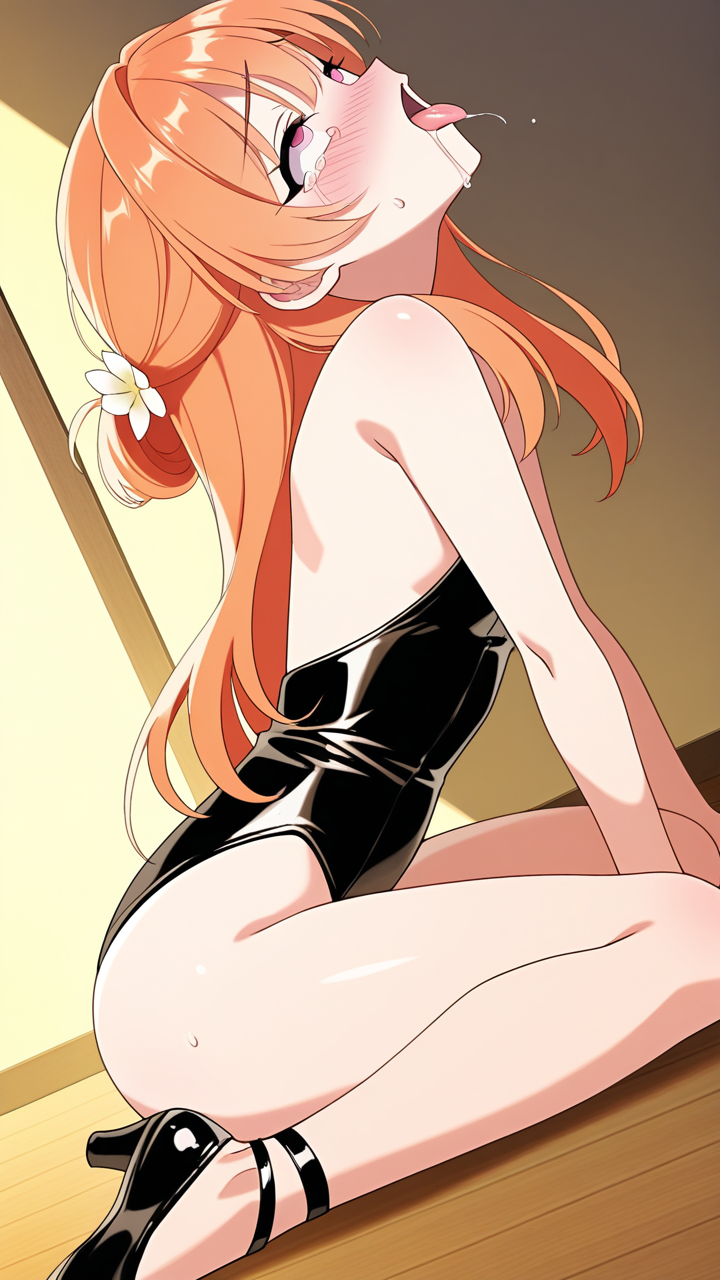 オレンジ髪ハーフアップ長身貧乳 アヘ顔・イキ顔_アニメエロ画像 AI エロ画像