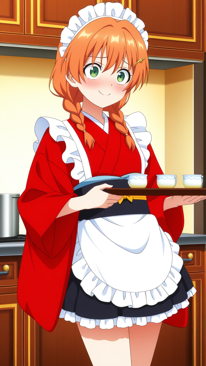 オレンジ髪三つ編み長身細身 メイド服_アニメエロ画像 AI エロ画像