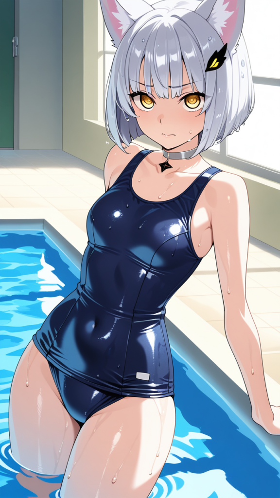銀髪ボブ巨乳狐耳 スクール水着_アニメエロ画像 AI エロ画像