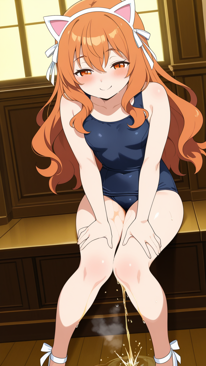 茶髪ウェーブロング貧乳小柄 おしっこ・放尿_アニメエロ画像 AI エロ画像