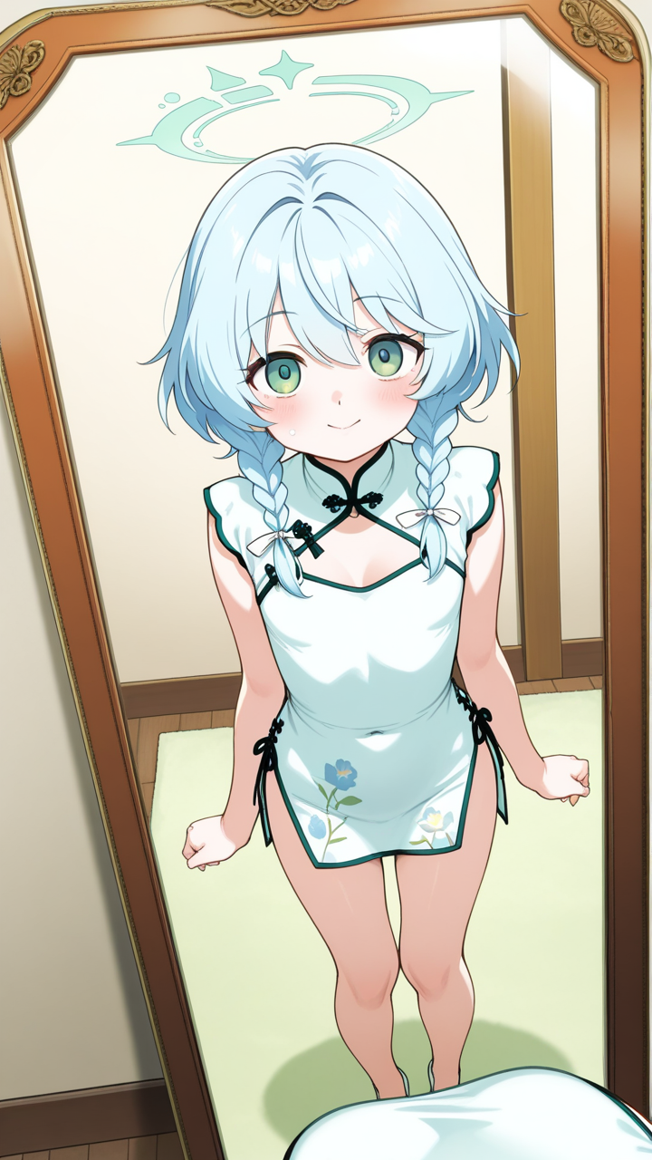 水色三つ編みロリ体型 鏡越し_アニメエロ画像 AI エロ画像
