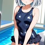 【エロ画像】グレー髪サイドテールむっちり×スクール水着_AI_アニメエロ画像