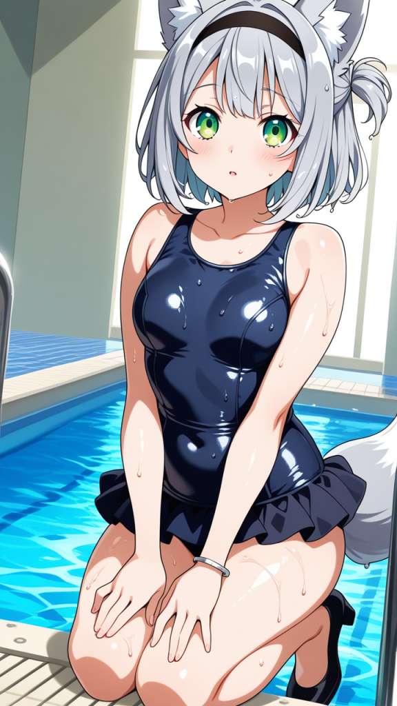 グレー髪サイドテールむっちり スクール水着_アニメエロ画像 AI エロ画像