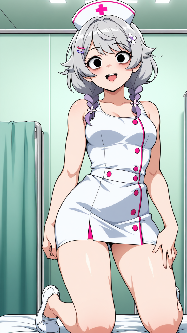 グレー髪ツインおさげ筋肉質 ナース服_アニメエロ画像 AI エロ画像