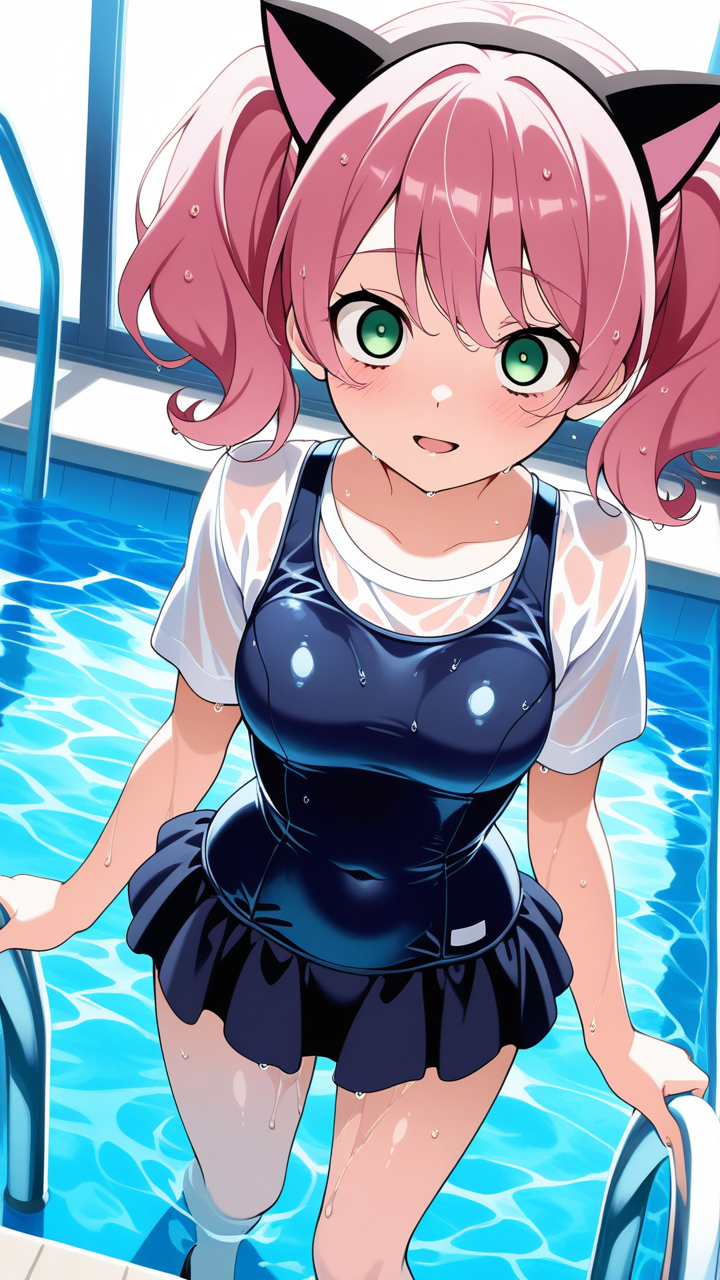 桜色ツインテール巨乳 スクール水着_アニメエロ画像 AI エロ画像