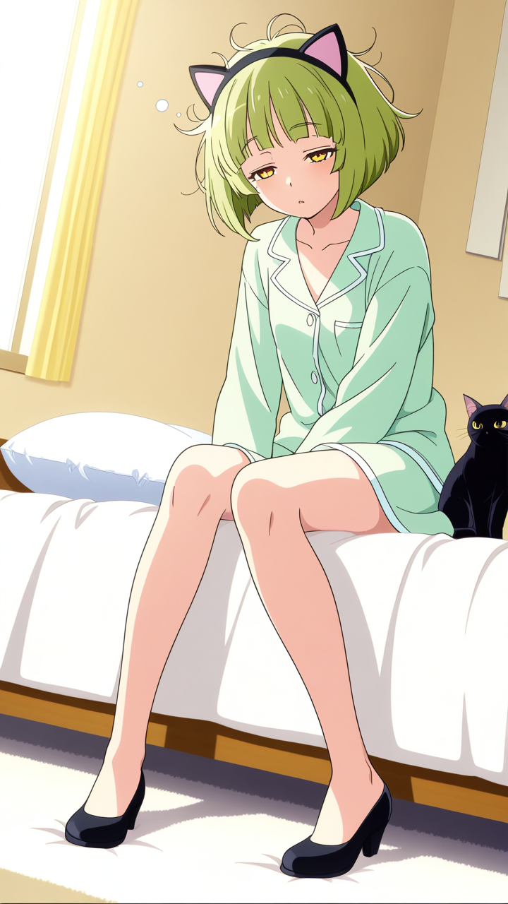 緑髪ボブ猫耳スレンダー 寝起き・パジャマ_アニメエロ画像 AI エロ画像