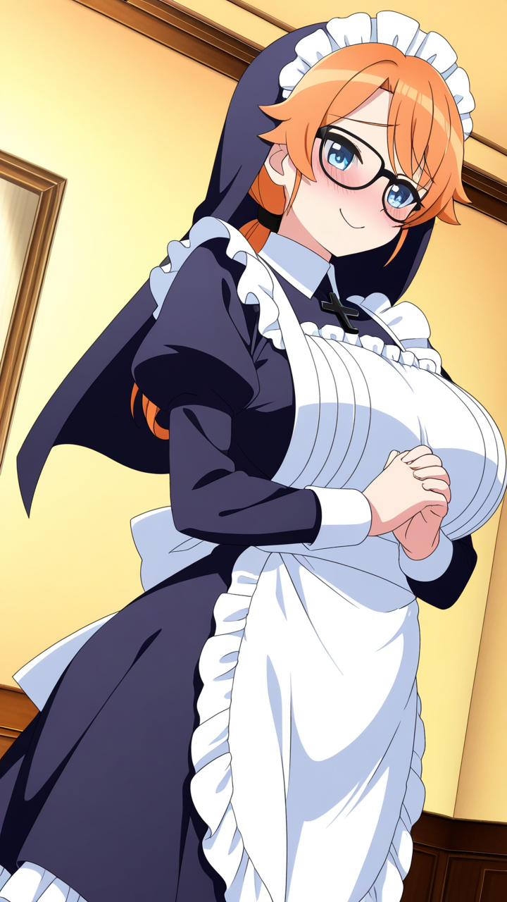 オレンジポニーテール巨乳むっち メイド服_アニメエロ画像 AI エロ画像