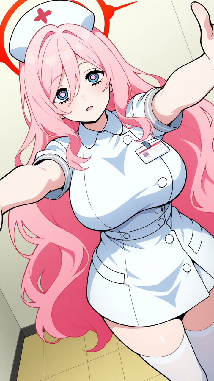 青髪ウェーブロング巨乳 ナース服_アニメエロ画像 AI エロ画像