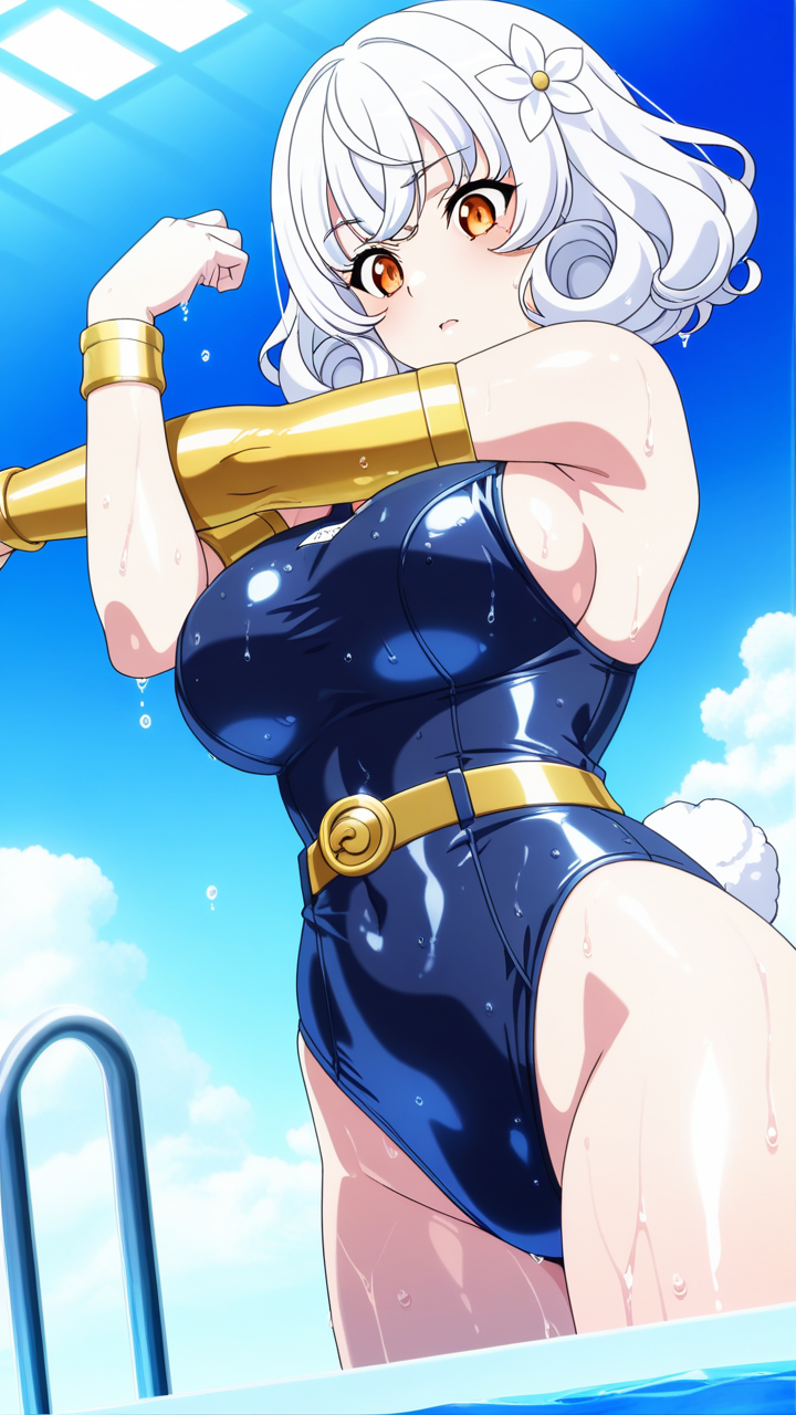 白髪サイドテールグラマラス スクール水着_アニメエロ画像 AI エロ画像