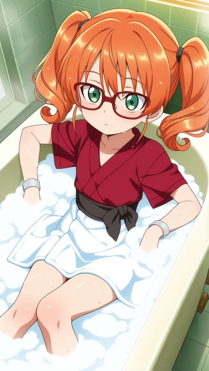 オレンジツインおさげロリ体型 お風呂・入浴_アニメエロ画像 AI エロ画像