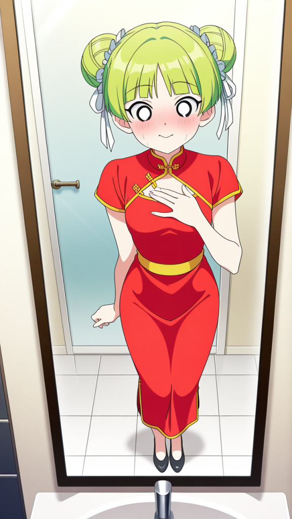 ライム色刈り上げショート細身 鏡越し_アニメエロ画像 AI エロ画像