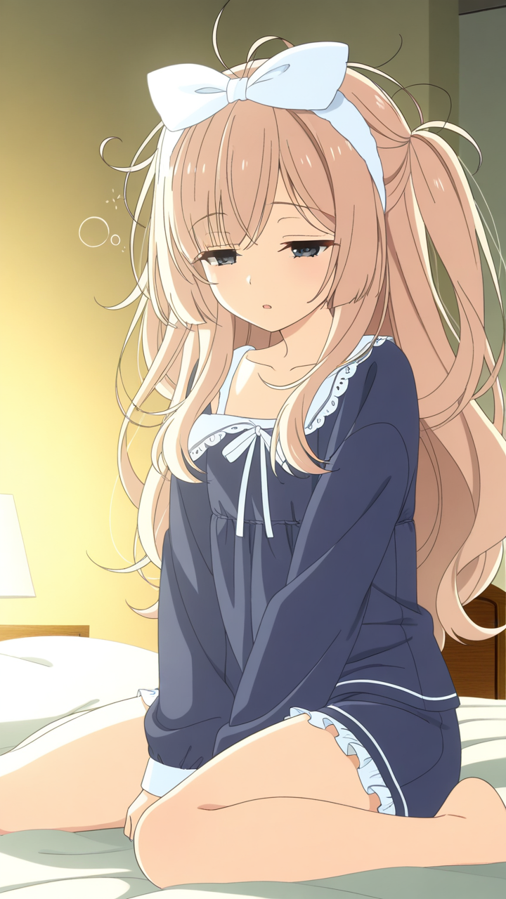 茶髪ハーフアップむっちり小柄 寝起き・パジャマ_アニメエロ画像 AI エロ画像