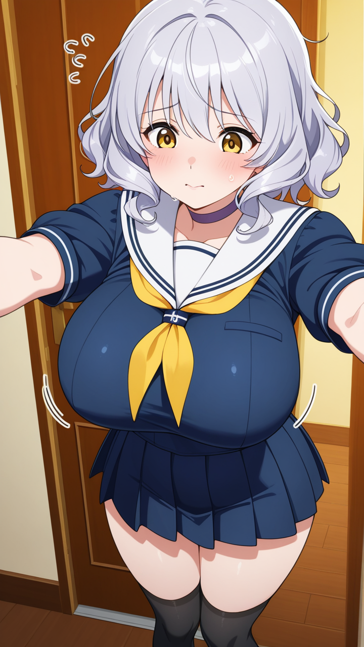 銀髪セミロングカール細身 巨乳・爆乳_アニメエロ画像 AI エロ画像