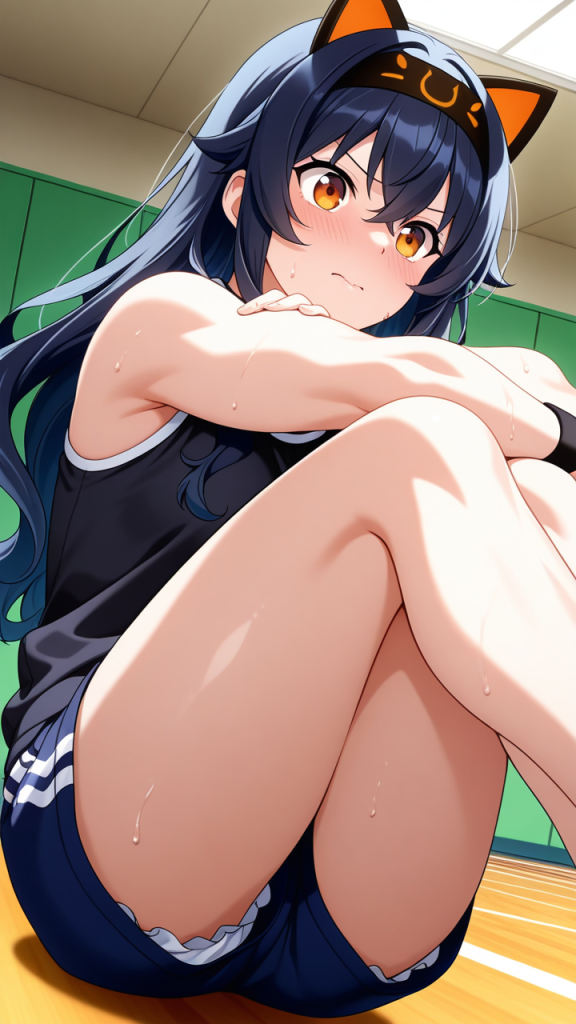 グラデーション青髪ウェーブロン 体操服・ブルマ_アニメエロ画像 AI エロ画像