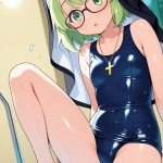【エロ画像】ライム色ショートむっちり眼鏡×スクール水着_AI_アニメエロ画像