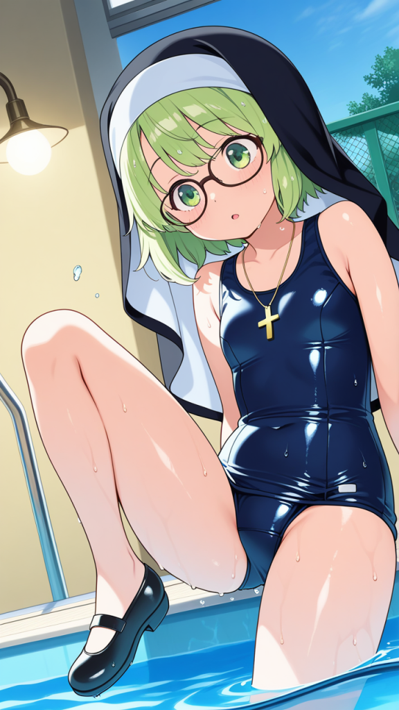 ライム色ショートむっちり眼鏡 スクール水着_アニメエロ画像 AI エロ画像