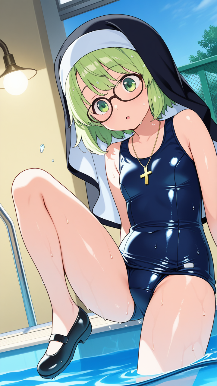 ライム色ショートむっちり眼鏡 スクール水着_アニメエロ画像 AI エロ画像