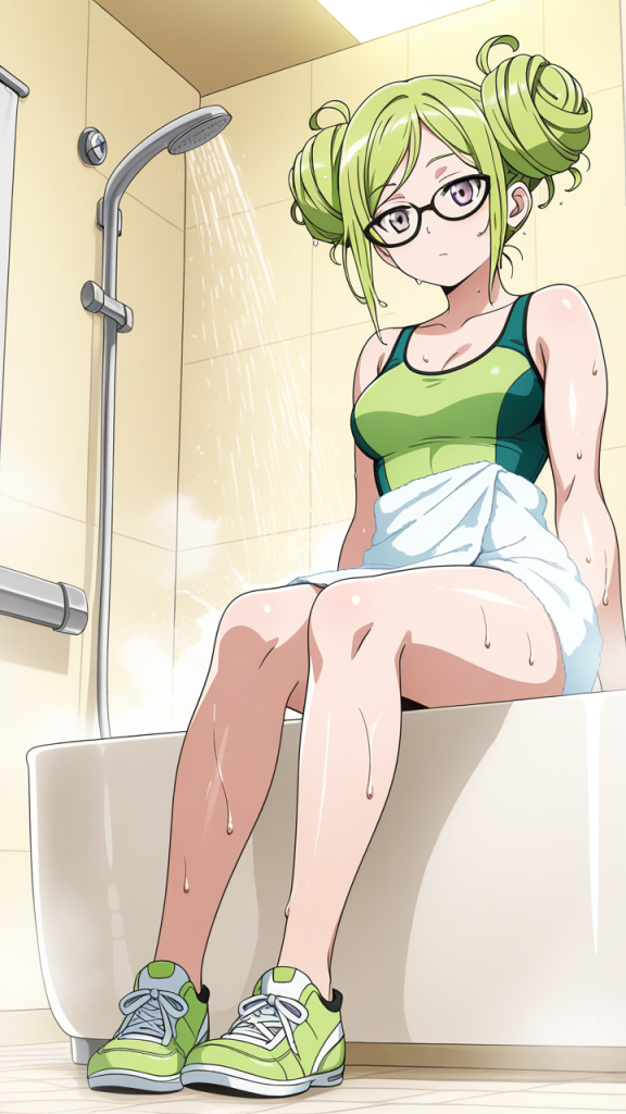 ライム色お団子スポーティー お風呂・入浴_アニメエロ画像 AI エロ画像