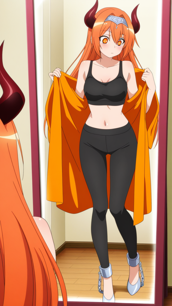 オレンジ髪ロング巨乳 鏡越し_アニメエロ画像 AI エロ画像