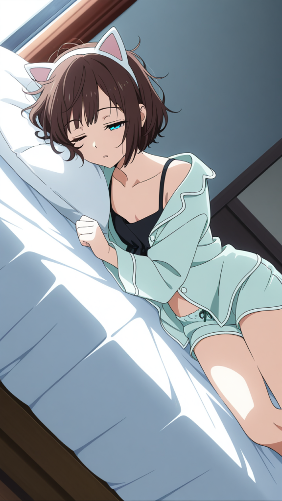 茶髪ボブ貧乳長身 寝起き・パジャマ_アニメエロ画像 AI エロ画像