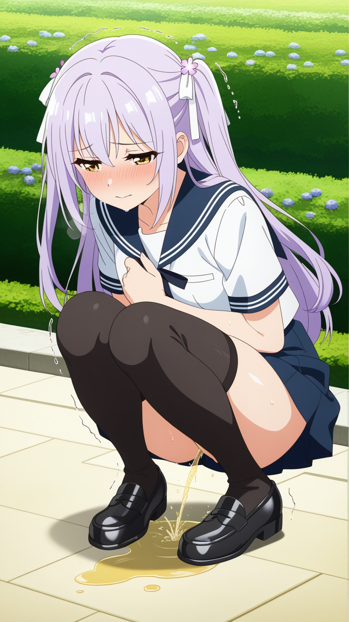 ピンク髪セミロング巨乳 おしっこ・放尿_アニメエロ画像 AI エロ画像