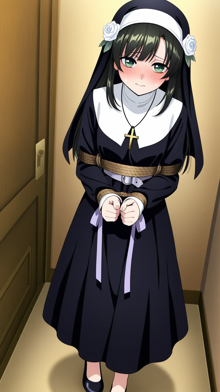 黒髪ロング細身修道女 縛り・拘束_アニメエロ画像 AI エロ画像