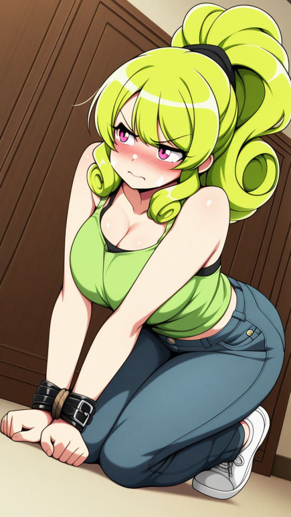 ライム色ハイポニーテールグラマ 手縛り・拘束_アニメエロ画像 AI エロ画像