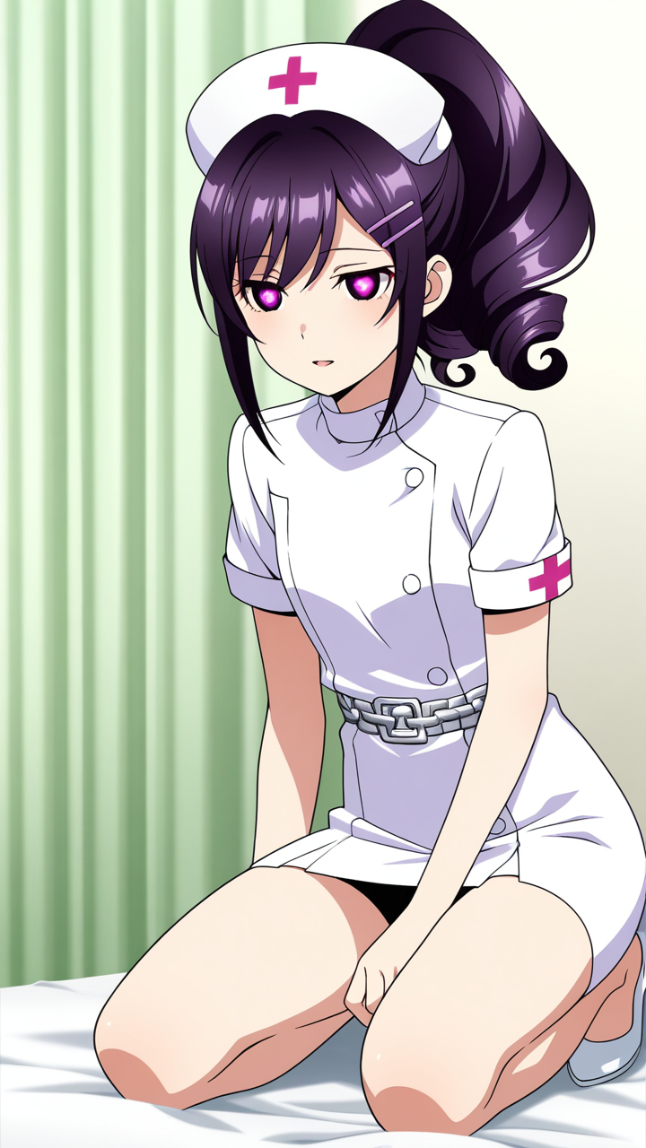 紫髪ハイポニー貧乳長身 ナース服_アニメエロ画像 AI エロ画像