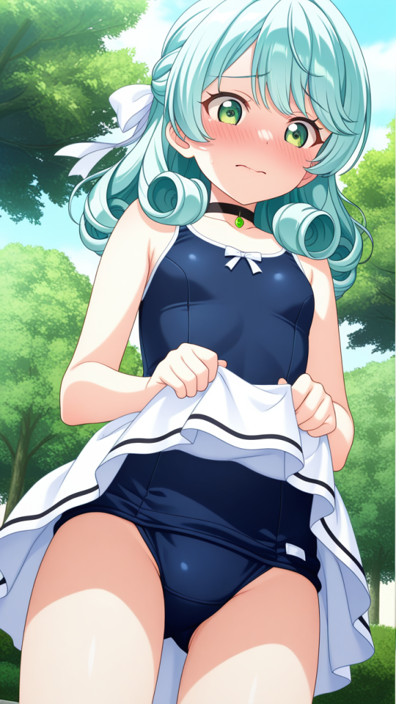 青髪ハーフアップロリ体型 野外露出_アニメエロ画像 AI エロ画像