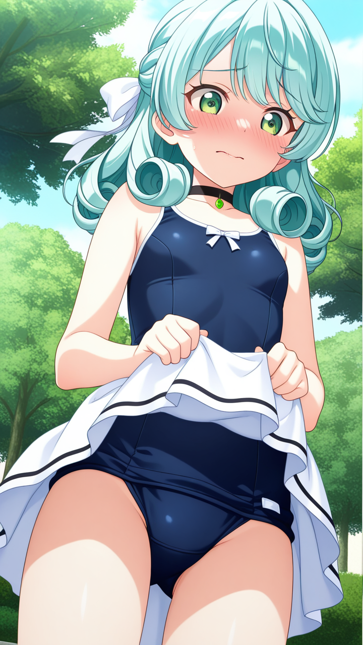 青髪ハーフアップロリ体型 野外露出_アニメエロ画像 AI エロ画像