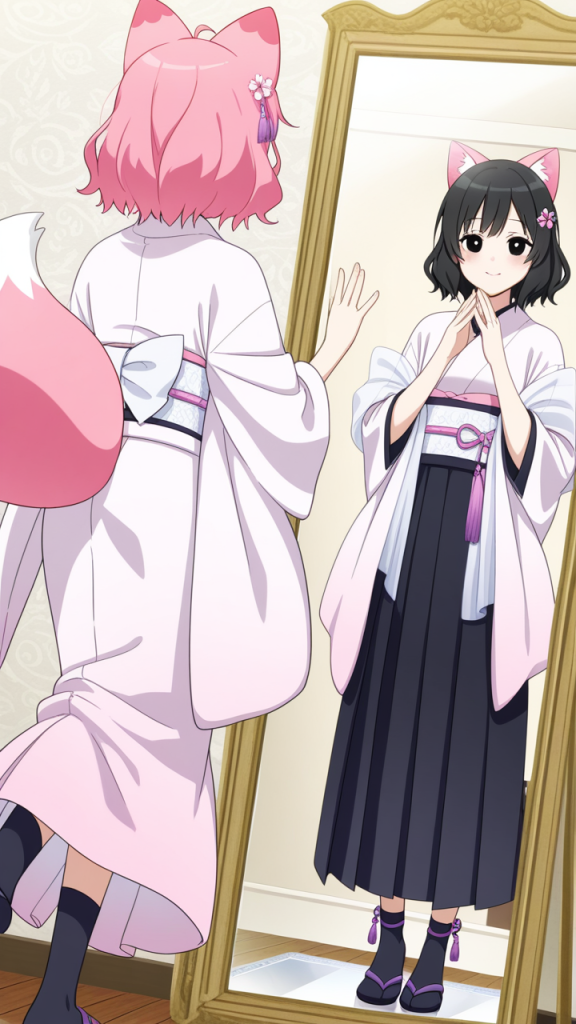 桜色サイドテール細身長身 鏡越し_アニメエロ画像 AI エロ画像