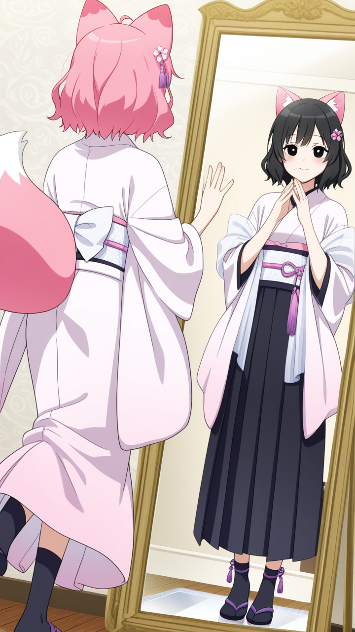 桜色サイドテール細身長身 鏡越し_アニメエロ画像 AI エロ画像